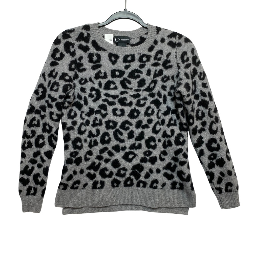 C by Bloomingdales Cashmere Sweater Womens Small Gray Leopard Print Pullover